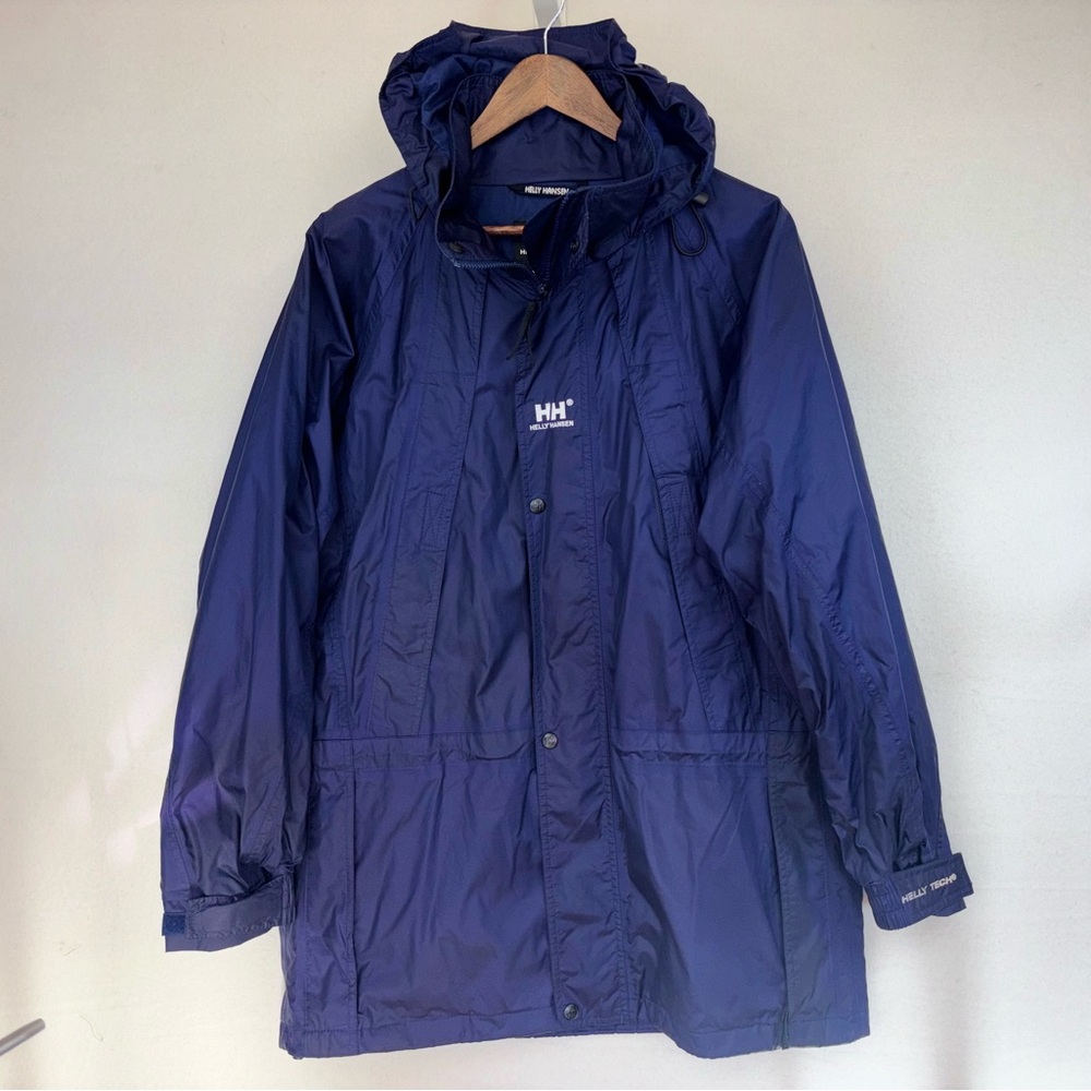 HELLY HANSEN Vintage Men's Rain Jacket Windbreaker Coat Hood‎ Pocket Blue Medium